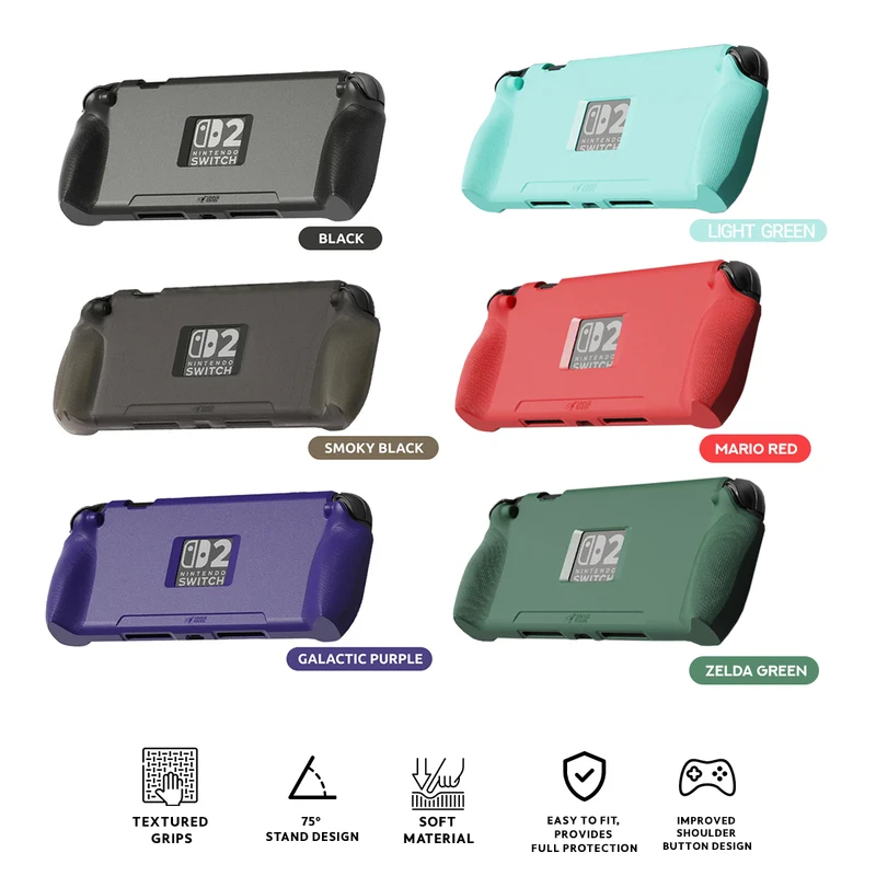 Skull & Co. StandGrip Protective Case for Nintendo Switch 2 (Black, Smoky Black, Galactic Purple, Light Green, Mario Red, Zelda Green)