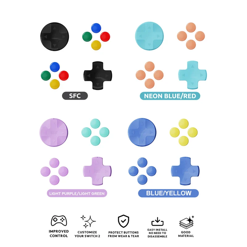 Skull & Co. D-Pad Button Cap Set for Nintendo Switch 2 (SFC, Neon Blue/Red, Light Purple/Light Green, Blue/Yellow)