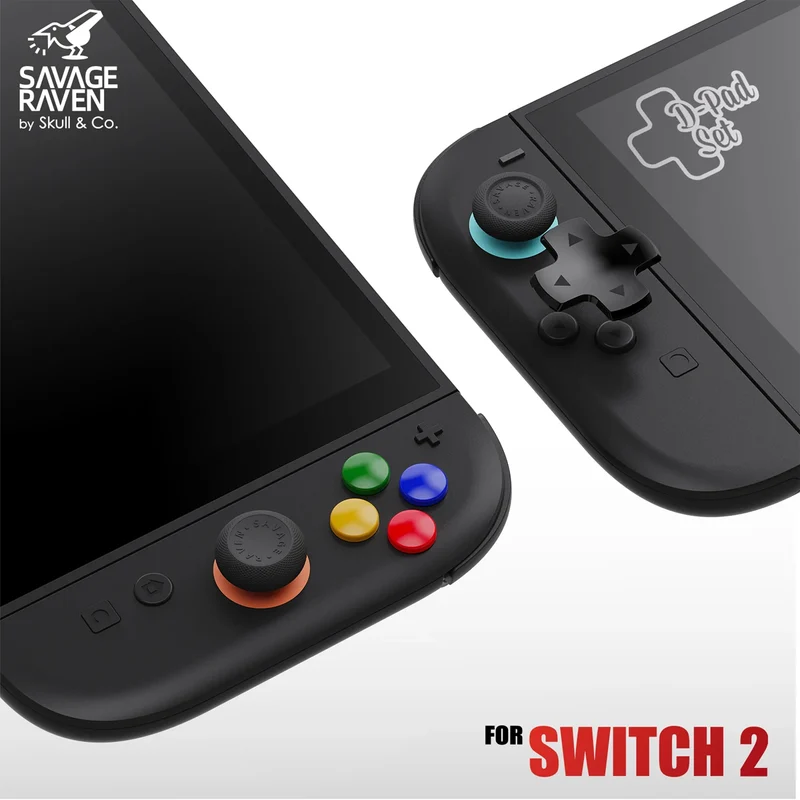 Skull & Co. D-Pad Button Cap Set for Nintendo Switch 2 (SFC, Neon Blue/Red, Light Purple/Light Green, Blue/Yellow)