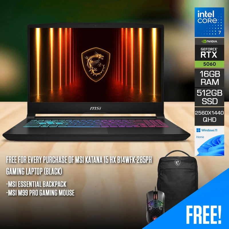 MSI Katana 15 HX B14WFK-285PH Gaming Laptop (Black) | 15.6" QHD (2560x1440) 165Hz | Core i7-14650HX | 16GB RAM | 512GB SSD | RTX 5060 | Windows 11 Home | MSI Essential Backpack + MSI M99 Pro Gaming Mouse