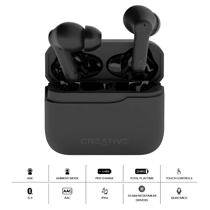 Creative Zen Air 2 Lightweight True Wireless In-Ears w/ Active Noise Cancellation Earbuds (Black)