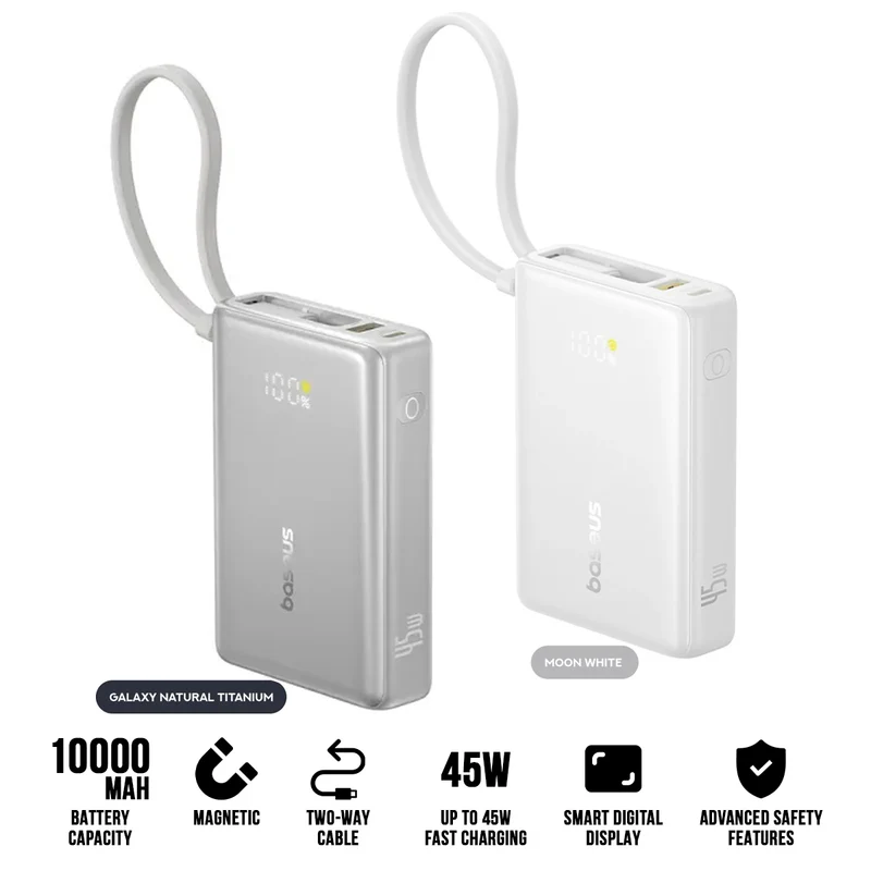 Baseus PicoGo Digital Display Power Bank 10000mAh 45W with Built-in USB-C Cable (Galaxy Natural Titanium, Moon White)