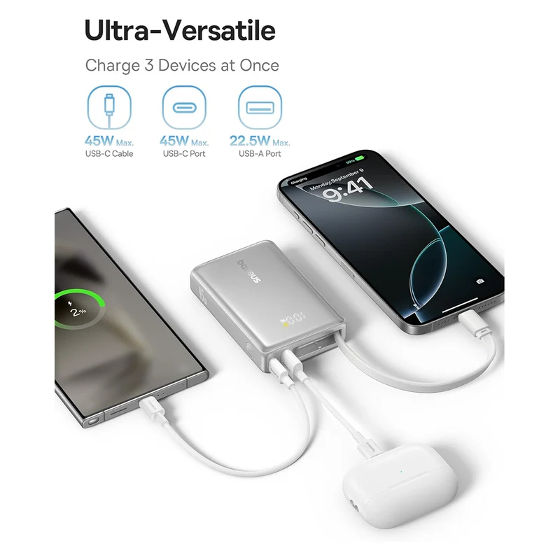 Baseus PicoGo Digital Display Power Bank 10000mAh 45W with Built-in USB-C Cable (Galaxy Natural Titanium, Moon White)