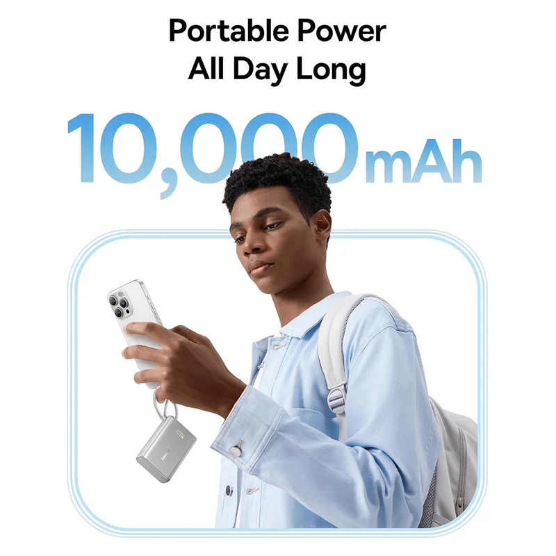 Baseus PicoGo Digital Display Power Bank 10000mAh 45W with Built-in USB-C Cable (Galaxy Natural Titanium, Moon White)