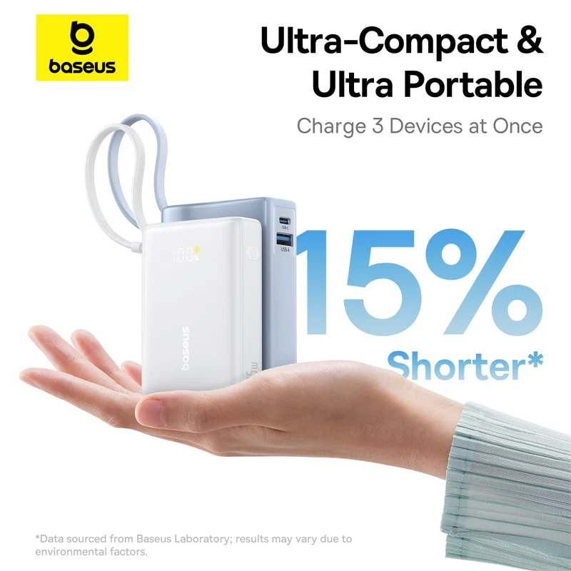 Baseus PicoGo Digital Display Power Bank 10000mAh 45W with Built-in USB-C Cable (Galaxy Natural Titanium, Moon White)