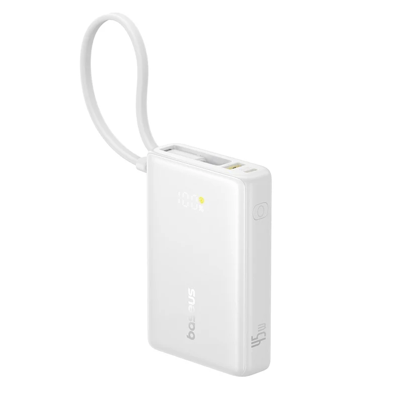 Baseus PicoGo Digital Display Power Bank 10000mAh 45W with Built-in USB-C Cable (Galaxy Natural Titanium, Moon White)