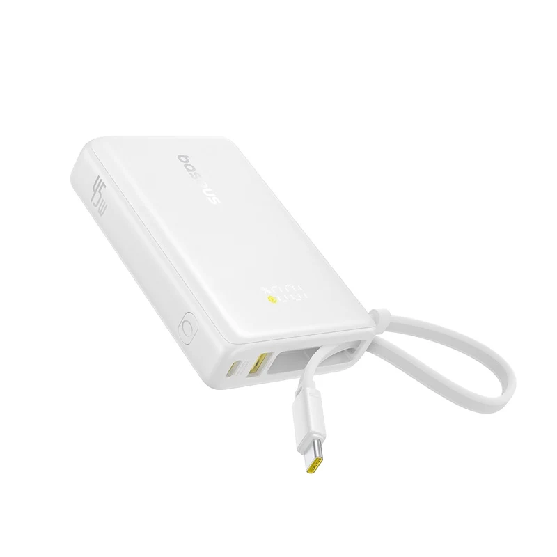 Baseus PicoGo Digital Display Power Bank 10000mAh 45W with Built-in USB-C Cable (Galaxy Natural Titanium, Moon White)
