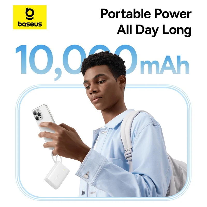 Baseus PicoGo Digital Display Power Bank 10000mAh 45W with Built-in USB-C Cable (Galaxy Natural Titanium, Moon White)