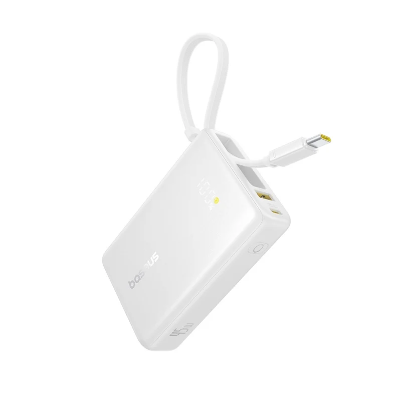 Baseus PicoGo Digital Display Power Bank 10000mAh 45W with Built-in USB-C Cable (Galaxy Natural Titanium, Moon White)