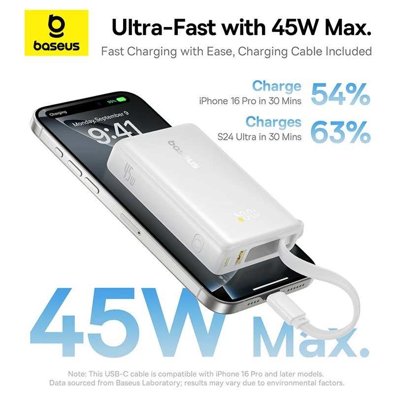 Baseus PicoGo Digital Display Power Bank 10000mAh 45W with Built-in USB-C Cable (Galaxy Natural Titanium, Moon White)