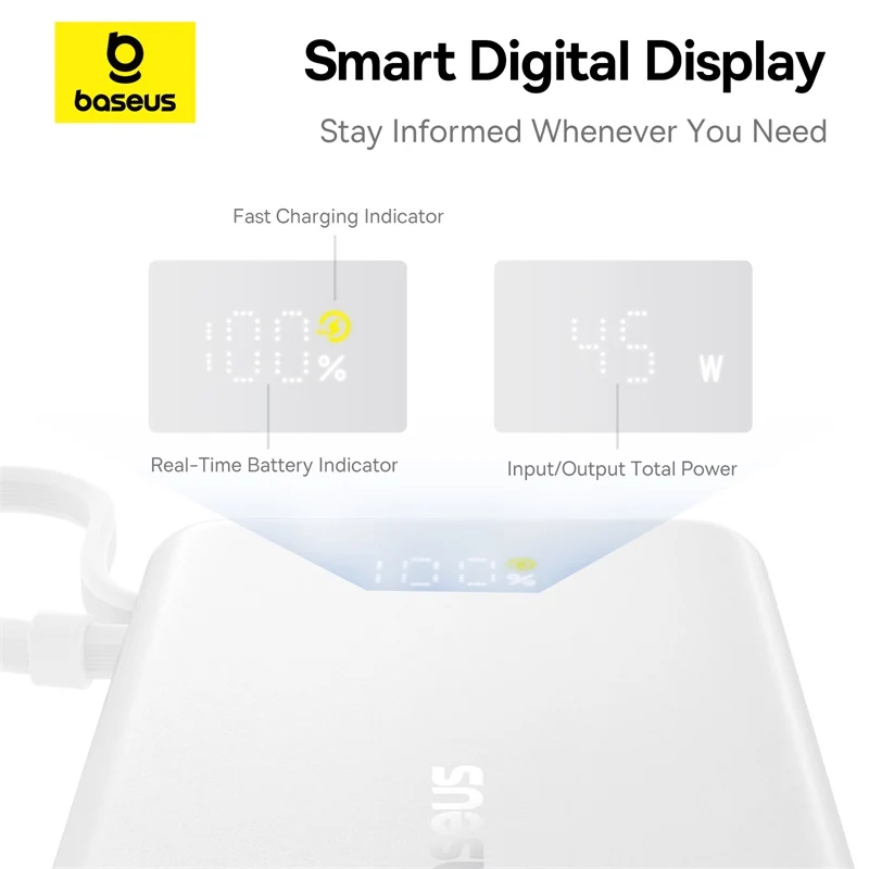 Baseus PicoGo Digital Display Power Bank 10000mAh 45W with Built-in USB-C Cable (Galaxy Natural Titanium, Moon White)