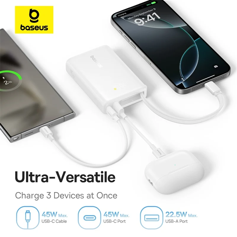 Baseus PicoGo Digital Display Power Bank 10000mAh 45W with Built-in USB-C Cable (Galaxy Natural Titanium, Moon White)