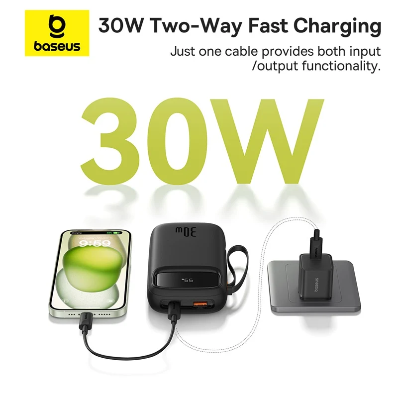 Baseus QPow 2 Digital Display Fast-Charging Power Bank with 2 Built-in Type-C Cable 20000mAh 30W (Cluster Black) (P10055009113-00)