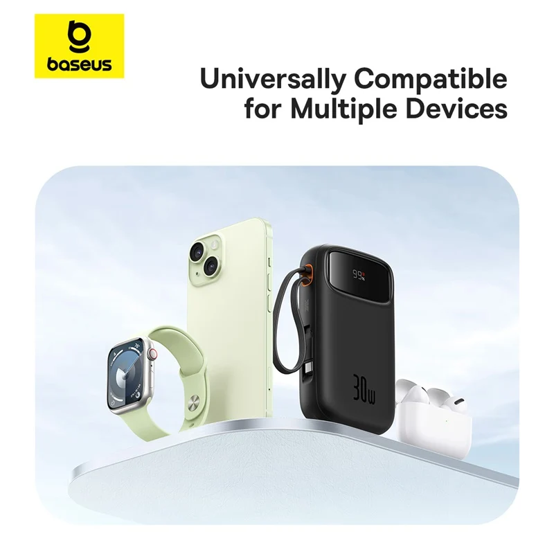 Baseus QPow 2 Digital Display Fast-Charging Power Bank with 2 Built-in Type-C Cable 20000mAh 30W (Cluster Black) (P10055009113-00)