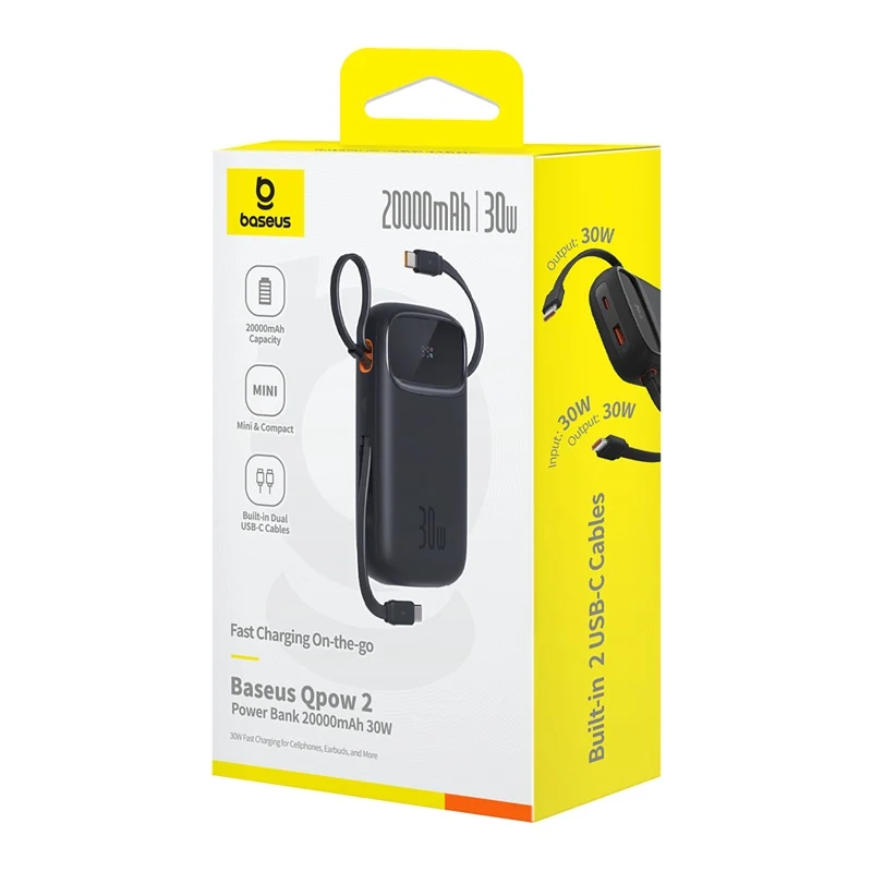 Baseus QPow 2 Digital Display Fast-Charging Power Bank with 2 Built-in Type-C Cable 20000mAh 30W (Cluster Black) (P10055009113-00)