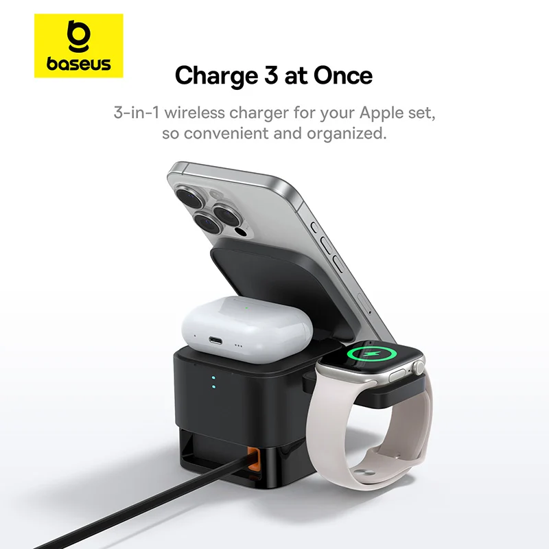Baseus MagPro 3-in-1 Magnetic Wireless Charger Includes MagPro Magnetic Wireless Charger for E-Watch 25W (Cosmic Black) (P10264100123-01)