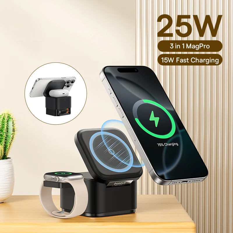 Baseus MagPro 3-in-1 Magnetic Wireless Charger Includes MagPro Magnetic Wireless Charger for E-Watch 25W (Cosmic Black) (P10264100123-01)