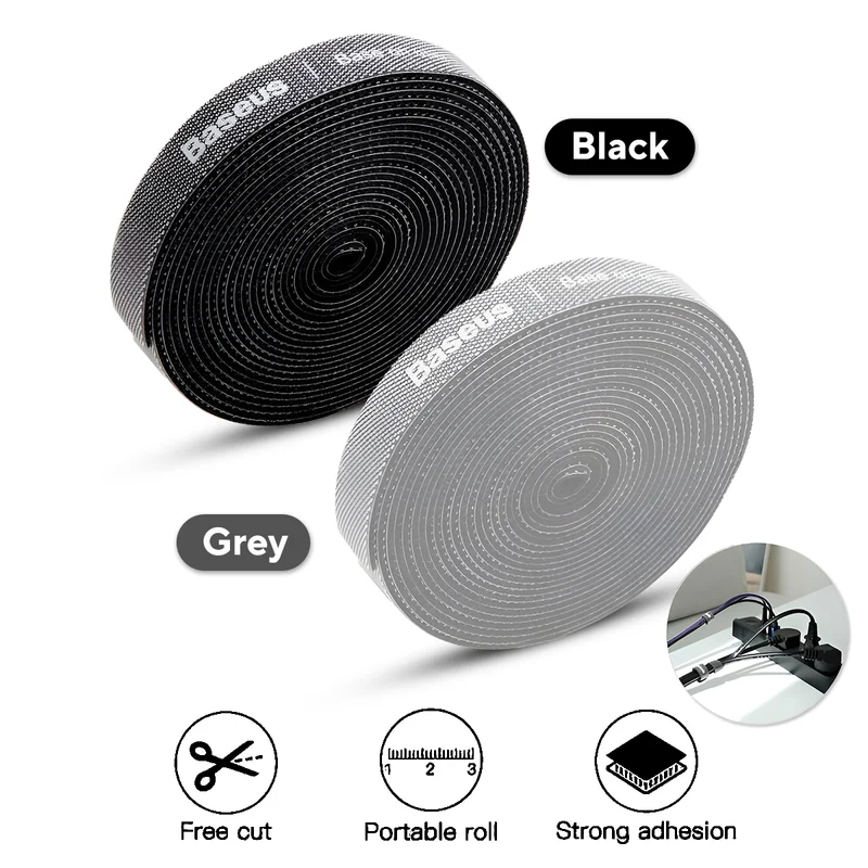Baseus Colourful Circle Cable Organizer Velcro Strap 3M (Black, Grey)
