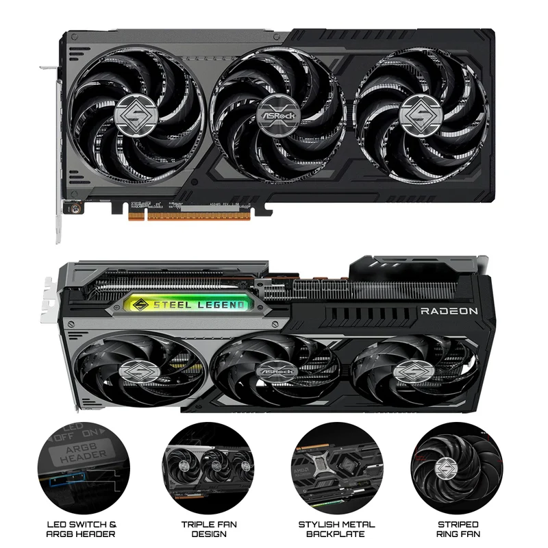 ASRock AMD Radeon RX 9070 XT Steel Legend Dark 16GB GDDR6 Graphics Card