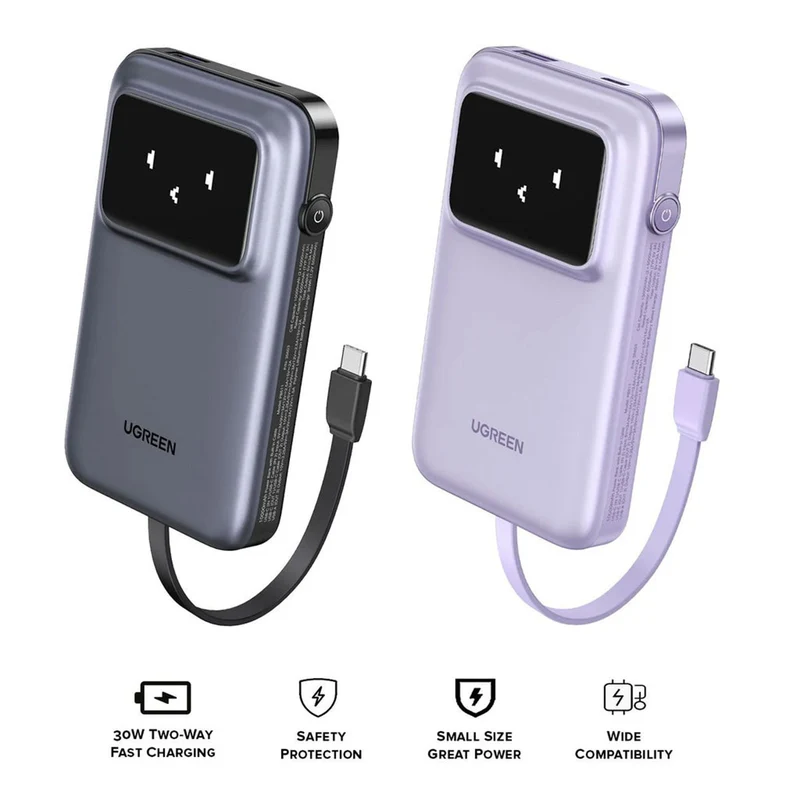 Ugreen Uno 10000mAh Quick Charging 30W Power Bank With Build-in USB-C Cable (Grey, Purple) (PB511/35603B, 35604B)