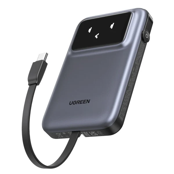 Ugreen Uno 10000mAh Quick Charging 30W Power Bank With Build-in USB-C Cable (Grey, Purple) (PB511/35603B, 35604B)