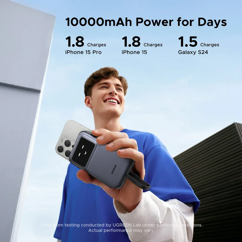 Ugreen Uno 10000mAh Quick Charging 30W Power Bank With Build-in USB-C Cable (Grey, Purple) (PB511/35603B, 35604B)