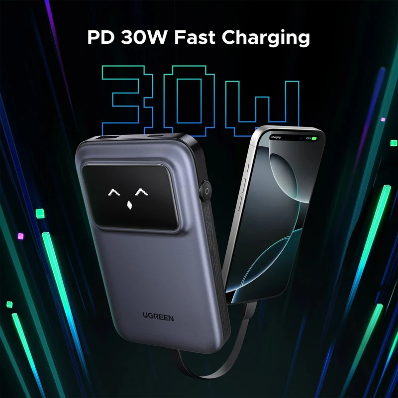 Ugreen Uno 10000mAh Quick Charging 30W Power Bank With Build-in USB-C Cable (Grey, Purple) (PB511/35603B, 35604B)