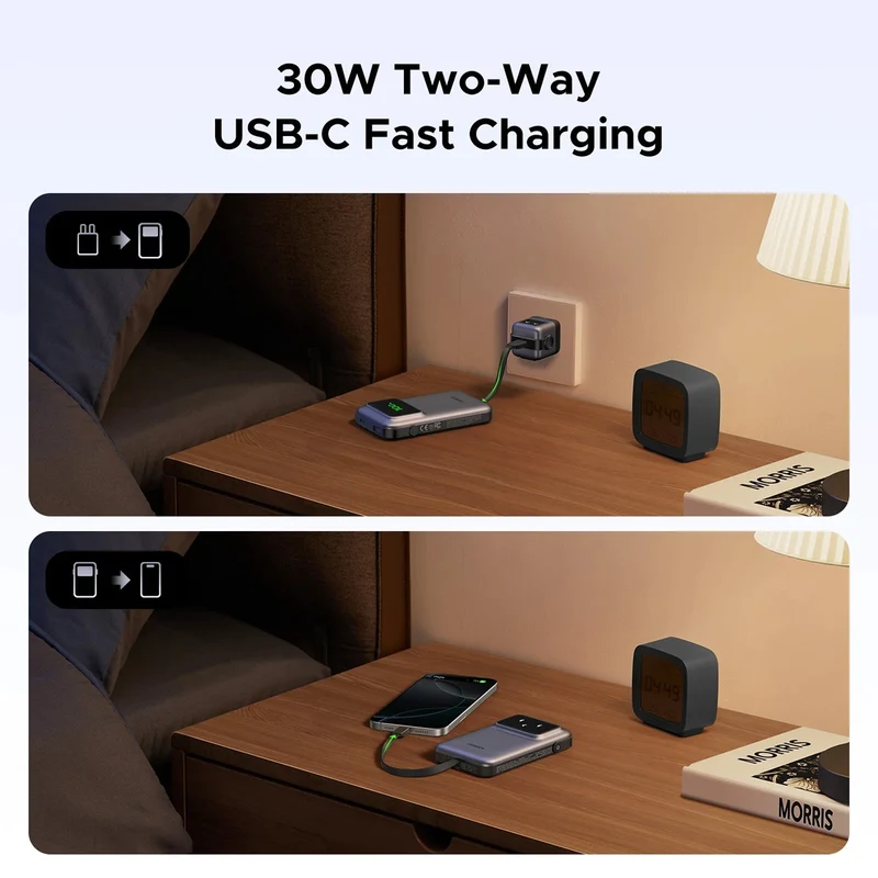 Ugreen Uno 10000mAh Quick Charging 30W Power Bank With Build-in USB-C Cable (Grey, Purple) (PB511/35603B, 35604B)