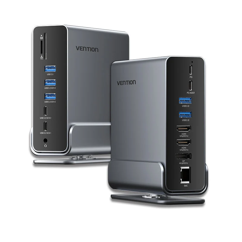 Vention 15-in-1 USB-C MST Docking Station - USB-C to DP + HDMI x 2 + USB 3.2 Gen2 Type-C + USB 3.2 Gen2 Type-A x 2 + USB 3.2 Gen1 Type-C + USB 3.0 + USB 2.0 x 2 + RJ45 + SD + TF + 3.5mm TRRS + PD (TPUH0)