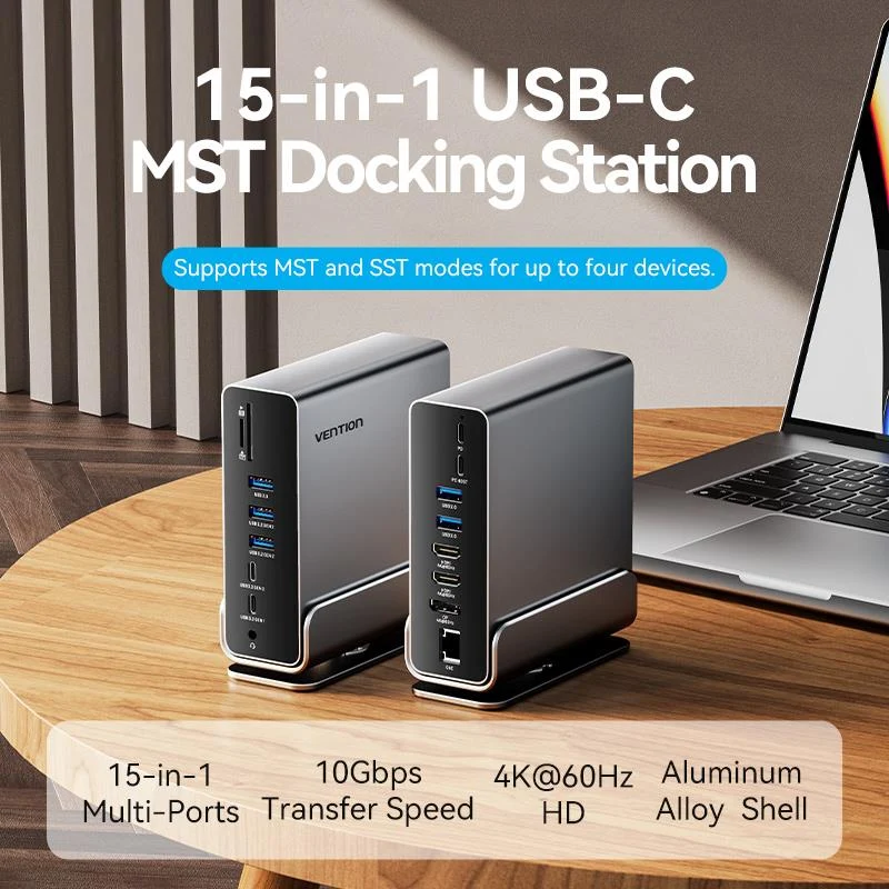 Vention 15-in-1 USB-C MST Docking Station - USB-C to DP + HDMI x 2 + USB 3.2 Gen2 Type-C + USB 3.2 Gen2 Type-A x 2 + USB 3.2 Gen1 Type-C + USB 3.0 + USB 2.0 x 2 + RJ45 + SD + TF + 3.5mm TRRS + PD (TPUH0)