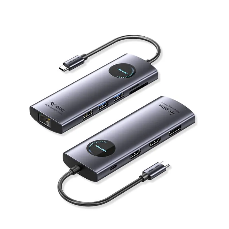 Vention 10-in-1 USB-C MST Docking Station - USB-C to HDMI x 2 + USB 3.0 x 2 + RJ45 + SD + TF + TRRS 3.5mm + PD + DisplayPort - 0.15M (TQWHB)