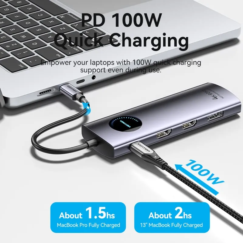 Vention 10-in-1 USB-C MST Docking Station - USB-C to HDMI x 2 + USB 3.0 x 2 + RJ45 + SD + TF + TRRS 3.5mm + PD + DisplayPort - 0.15M (TQWHB)
