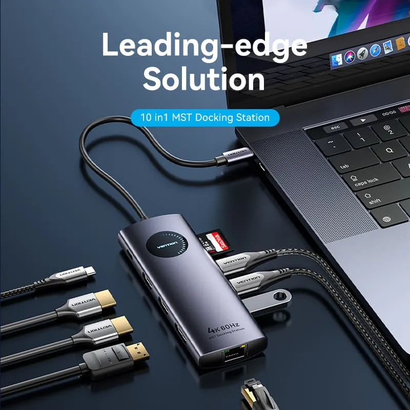 Vention 10-in-1 USB-C MST Docking Station - USB-C to HDMI x 2 + USB 3.0 x 2 + RJ45 + SD + TF + TRRS 3.5mm + PD + DisplayPort - 0.15M (TQWHB)