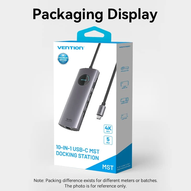 Vention 10-in-1 USB-C MST Docking Station - USB-C to HDMI x 2 + USB 3.0 x 2 + RJ45 + SD + TF + TRRS 3.5mm + PD + DisplayPort - 0.15M (TQWHB)
