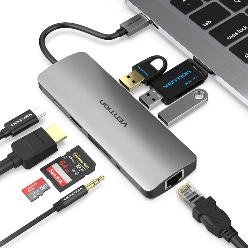 Vention 9-in-1 USB-C Docking Station - USB-C to HDMI + USB 3.0 x 3 + RJ45 + SD + TF + TRRS 3.5mm + PD - 0.15M (TOLHB)