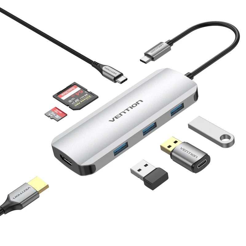 Vention 7-in-1 USB-C Docking Station - USB-C to HDMI + USB 3.0 x 3 + SD + TF + PD - 0.15M (TOJHB)