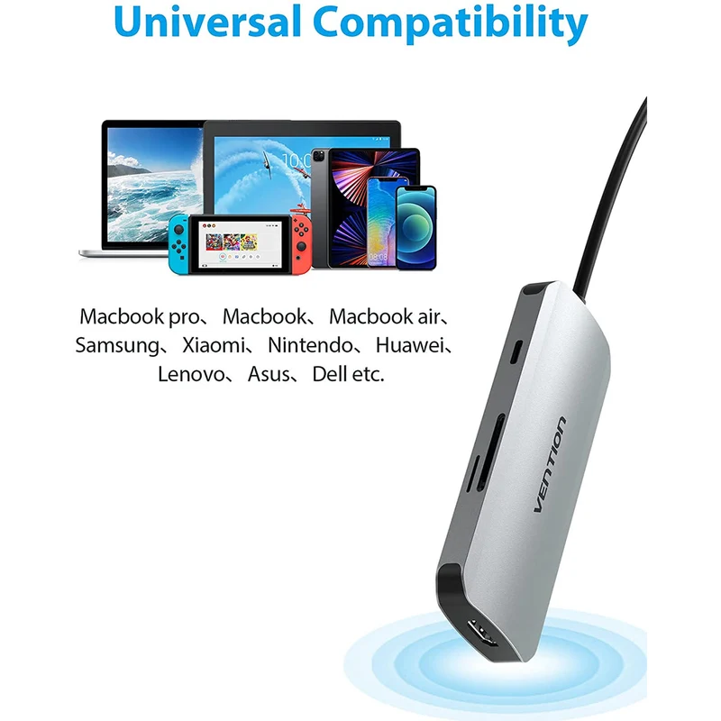 Vention 7-in-1 USB-C Docking Station - USB-C to HDMI + USB 3.0 x 3 + SD + TF + PD - 0.15M (TOJHB)