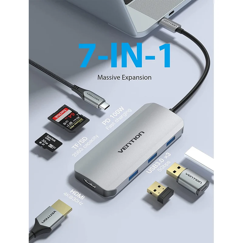Vention 7-in-1 USB-C Docking Station - USB-C to HDMI + USB 3.0 x 3 + SD + TF + PD - 0.15M (TOJHB)