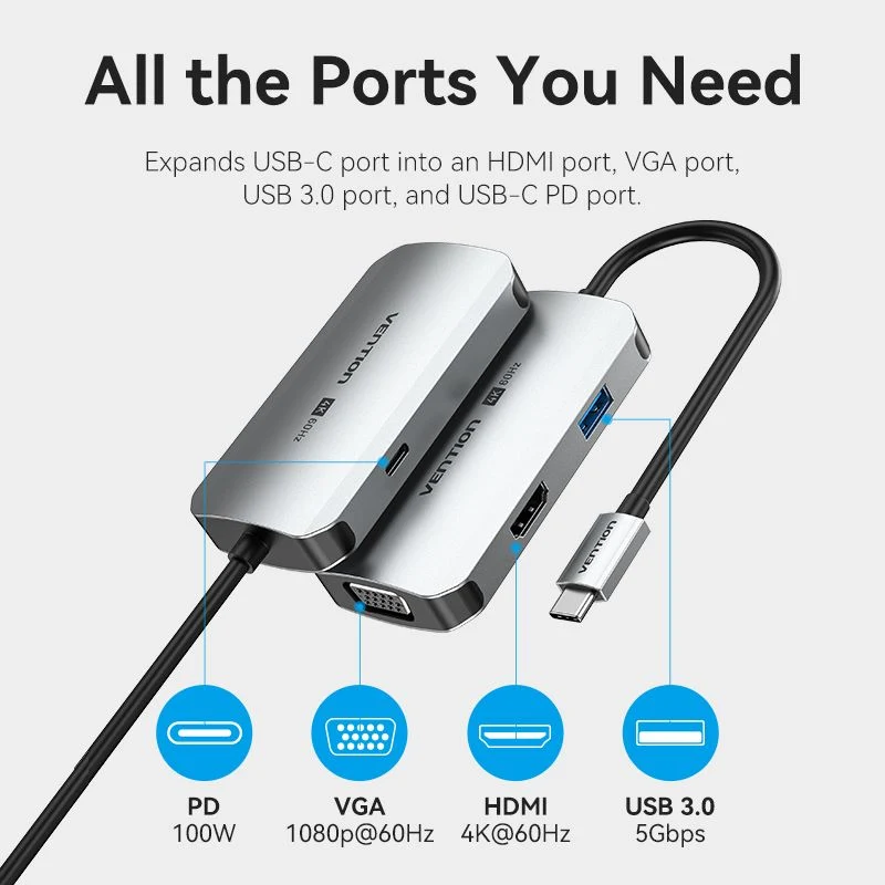 Vention 4-in-1 USB-C Docking Station - USB-C to HDMI + VGA + USB 3.0 + PD - 15M (TQAHB)