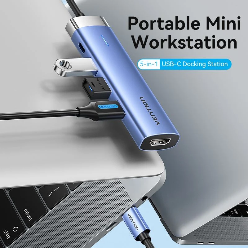 Vention 5-in-1 USB-C Docking Station - USB-C to HDMI + USB 3.0 x 3 + PD - 0.15M (Blue) (TGESB)