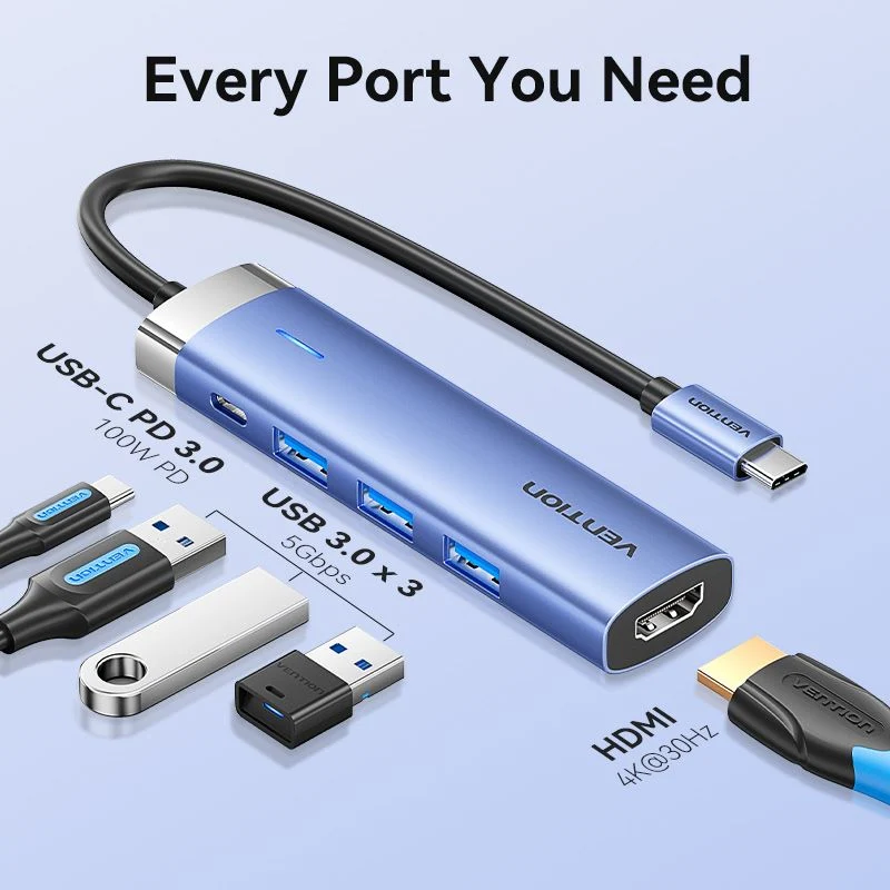 Vention 5-in-1 USB-C Docking Station - USB-C to HDMI + USB 3.0 x 3 + PD - 0.15M (Blue) (TGESB)