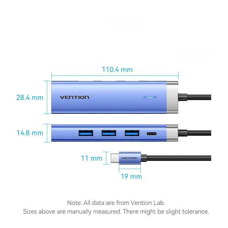 Vention 5-in-1 USB-C Docking Station - USB-C to HDMI + USB 3.0 x 3 + PD - 0.15M (Blue) (TGESB)