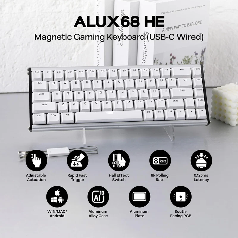 Ajazz ALUX68 Plus RGB Wired 68-Keys Aluminum CNC Case Hot-Swappable Mechanical Keyboard (White) (Magnetic Grain Switch)