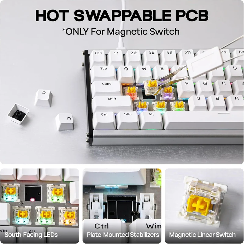 Ajazz ALUX68 Plus RGB Wired 68-Keys Aluminum CNC Case Hot-Swappable Mechanical Keyboard (White) (Magnetic Grain Switch)