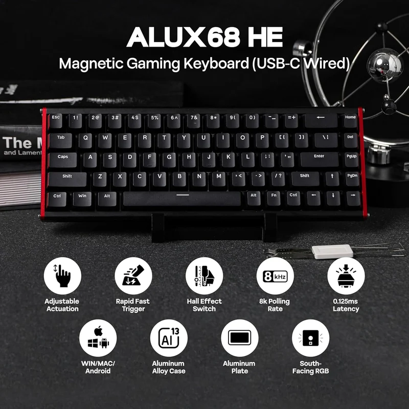 Ajazz ALUX68 Plus RGB Wired 68-Keys Aluminum CNC Case Hot-Swappable Mechanical Keyboard (Black) (Magnetic Grain Switch)