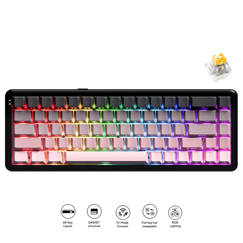 Ajazz AK680 Max RGB Tri-Mode 68-Keys Aluminum Positioning Plate Gasket-Mounted South Facing (8K Wireless + 8K Wired) Polling Rate Hot Swappable Mechanical Keyboard (Gradient Pink) (Magnetic Grain Switch)