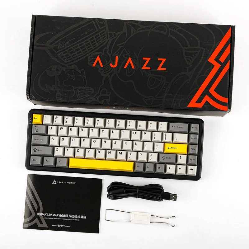 Ajazz AK680 Max RGB Tri-Mode 68-Keys Aluminum Positioning Plate Gasket-Mounted South Facing (1K Wireless + 8K Wired) Polling Rate Hot Swappable Mechanical Keyboard (Black/Grey/Yellow) (Magnetic Grain Switch)