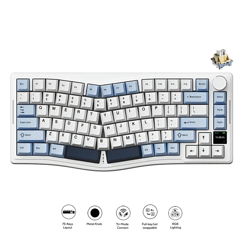Ajazz AKS075 RGB Tri-Mode 75% Keys Hot Swappable Mechanical Keyboard with Screen (Blue/White/Blue) (Day Dream Switch)