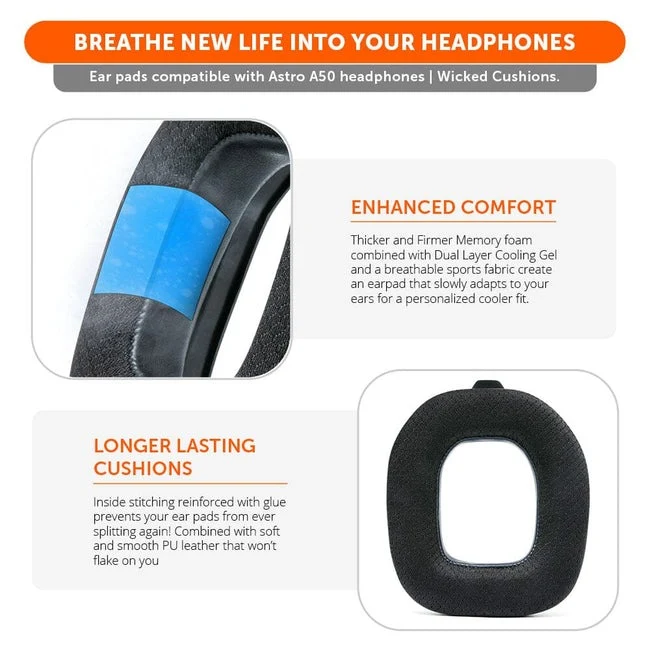Wicked Cushions Astro A50 Gen 4 / Astro A50 Gen 5 / Astro A50X Earpads - WC FreeZe Cooling Gel (Black, Black Camo, 90s White, 90s Black)