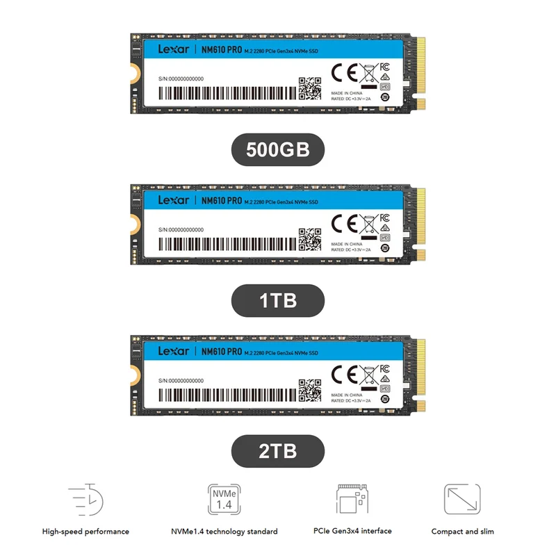 Lexar NM610 PRO M.2 2280 3300MB/s Read PCIe Gen3x4 NVMe SSD (500GB, 1TB, 2TB) (LNM610P500G-RNNNG, LNM610P001T-RNNNG, LNM610P002T-RNNNG)